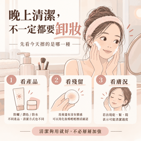 晚間清潔三步驟：看防曬產品、看殘留感、看清潔後膚況