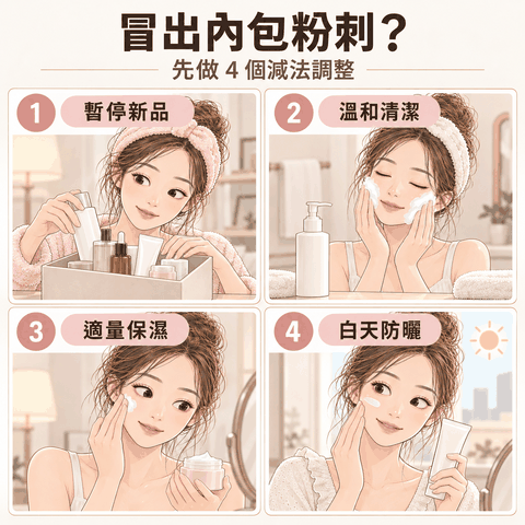 內包粉刺膚況的四個減法保養步驟：暫停新品、溫和清潔、適量保濕與白天防曬