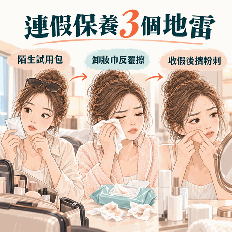 連假保養3個地雷：陌生試用包、卸妝巾反覆擦拭、收假後擠粉刺。
