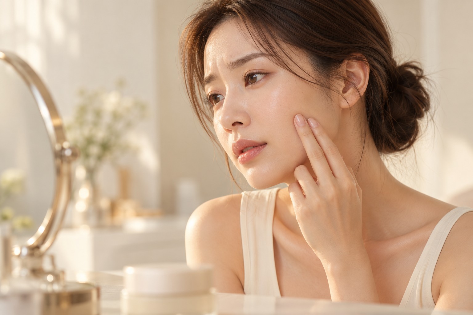 女性在鏡前輕觸臉頰，觀察日常膚況